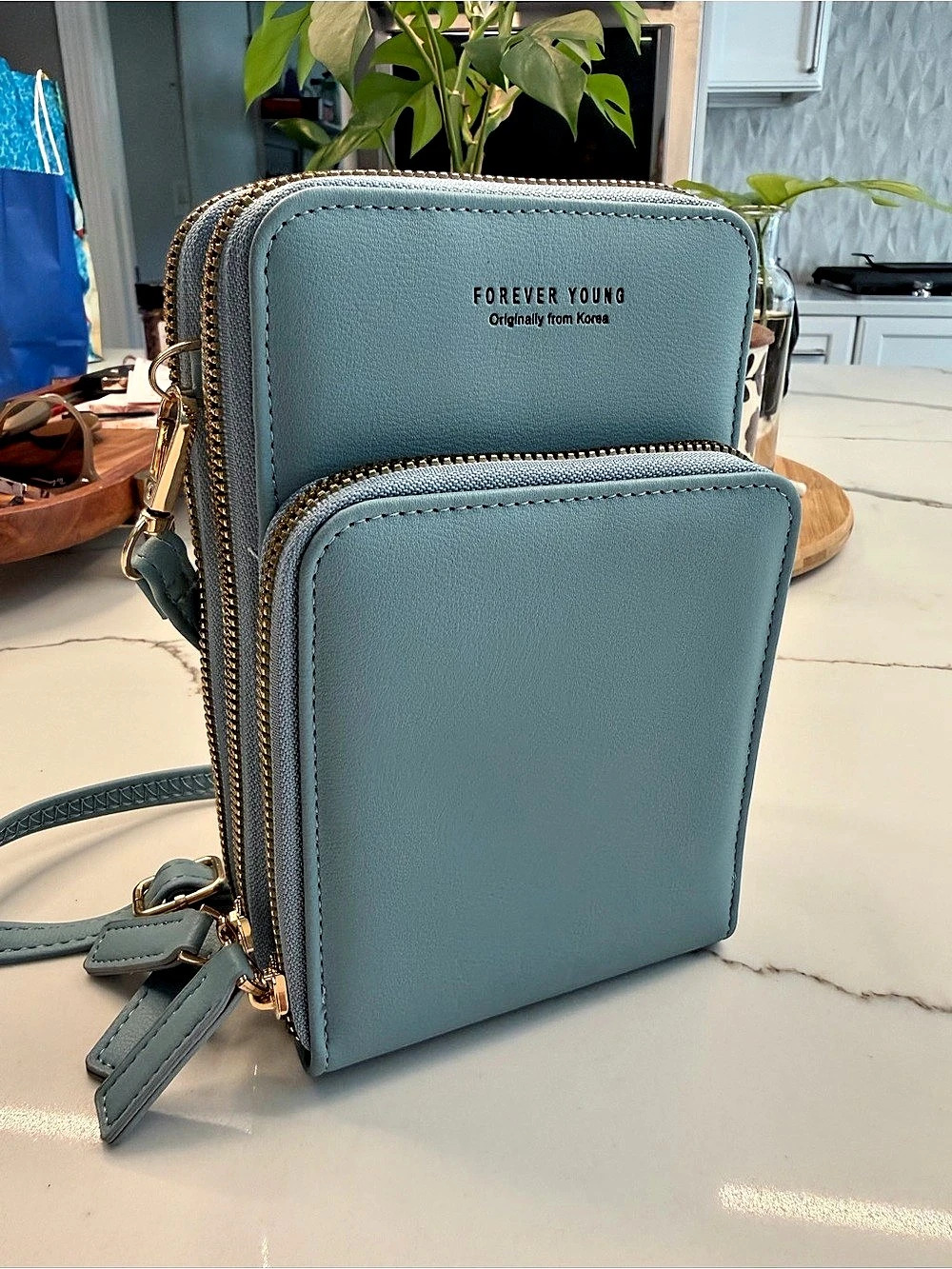Forever Young Double Zip Crossbody Cell Phone Wallet Bag Blue Crossbody Cell
